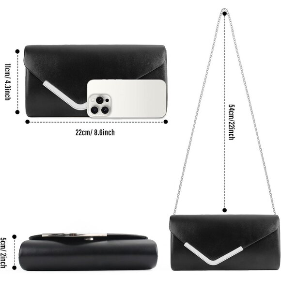 Women Black Trendy Clutch Purses Evening Fashion Envelope Cross-Body Handbags - Picture 6 of 7